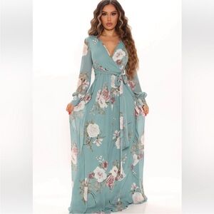 Fashion Nova Teal Floral Maxi Dress